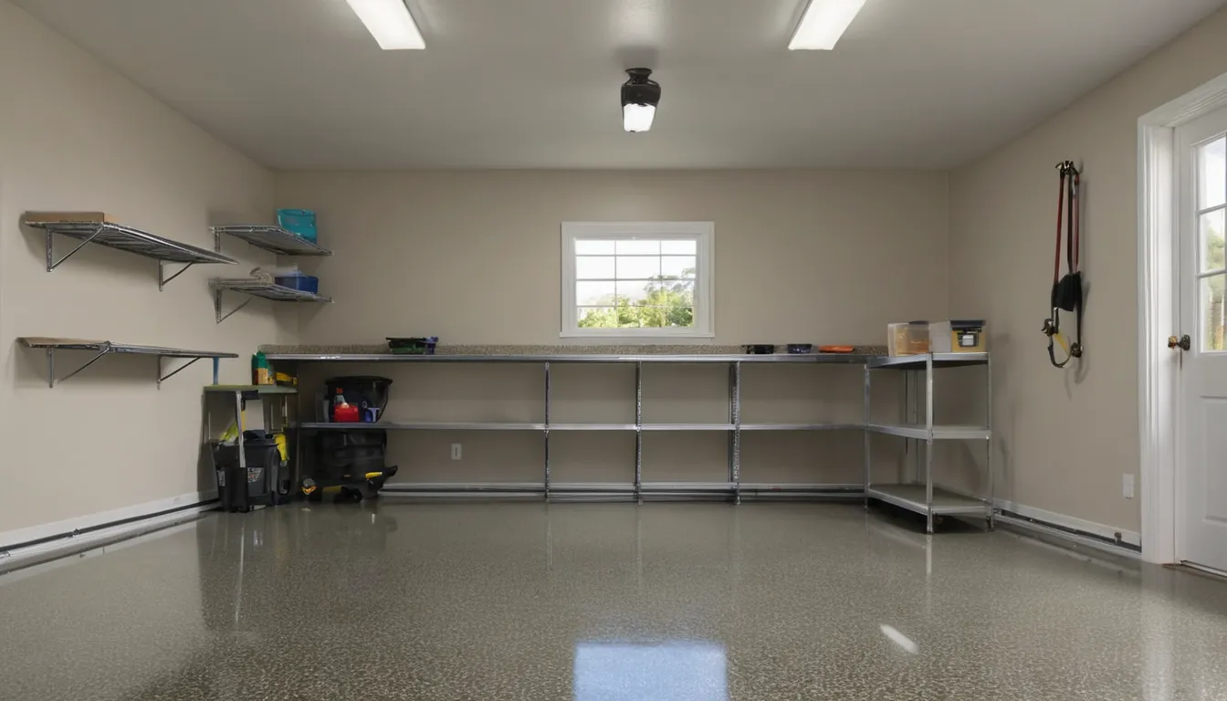 Finished gray flake epoxy garage floor in a Sterling Heights home with a car parked inside